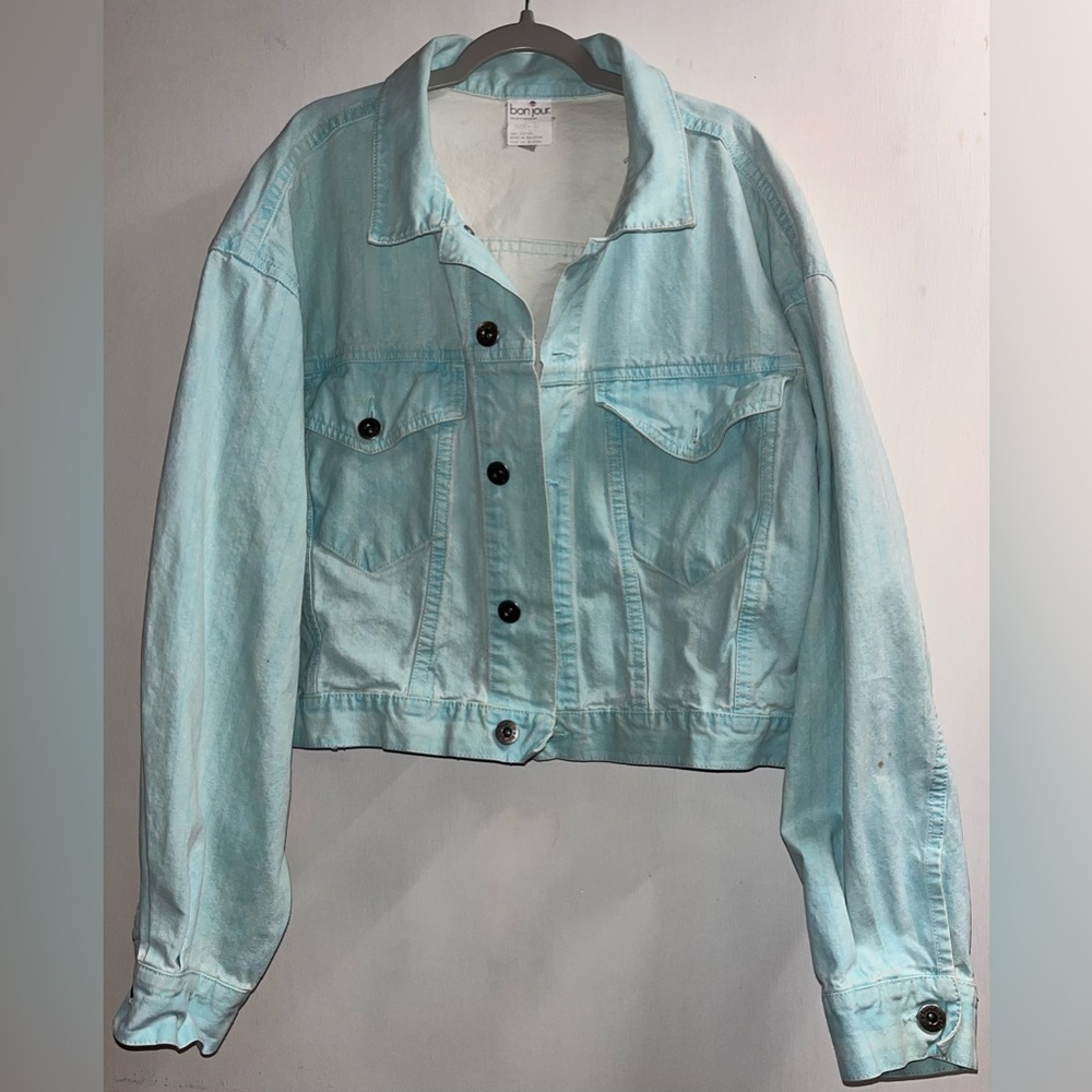 Bonjour Vintage 80s 90s Denim Cropped Jacket with Stripes Sand Washed Teal Large